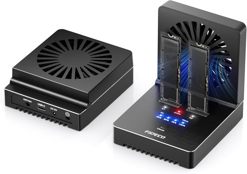 FIDECO M.2 NVMe SATA SSD Cloner Dock, USB 3.2 Gen 2 X 2, 20Gbps NVMe Cloner Duplicator with Foldable Cooling Fan, Support Offline Clone, UASP and Trim, Aluminum Design - Image 1